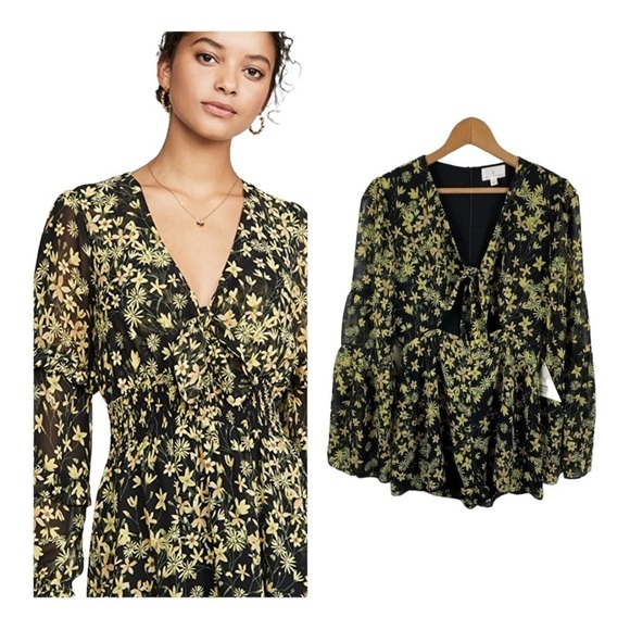 NWT LOST + WANDER x REVOLVE Black Floral Cutout Bell Sleeve Romper, Size Small - Picture 1 of 5